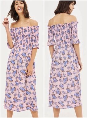 TopShop Shirred Floral Bardot Dress 🌸🌿